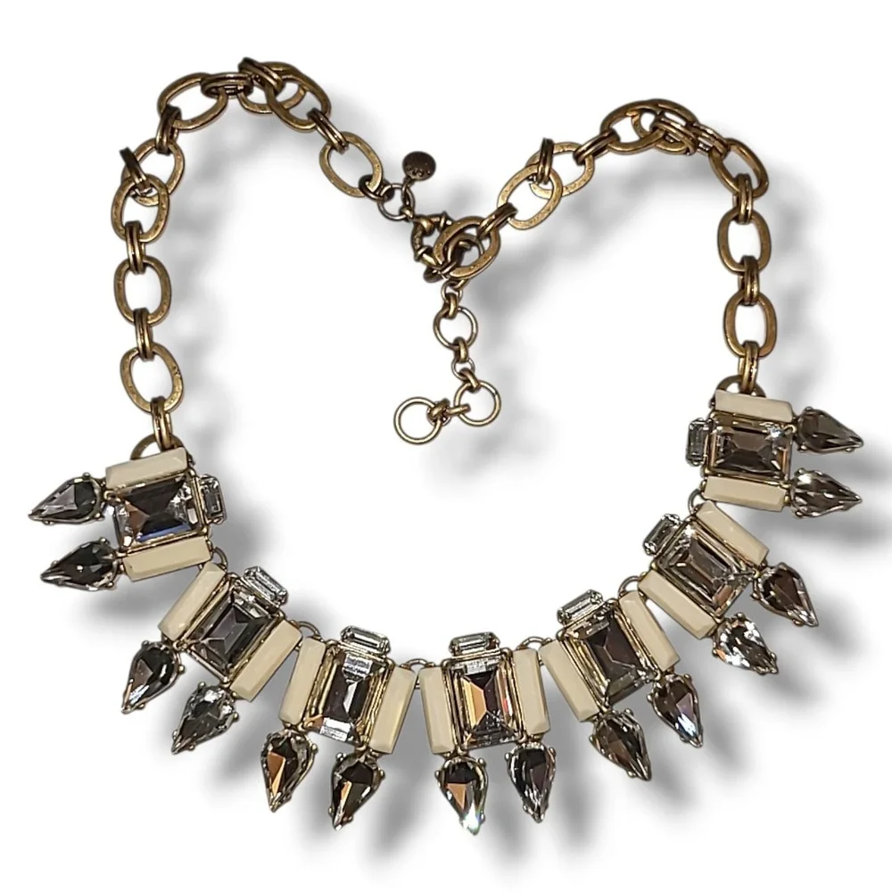 J. Crew Art Deco Style Necklace, Faux Crystal & Beige Acrylic, Gold Tone Chain - Picture 3 of 3